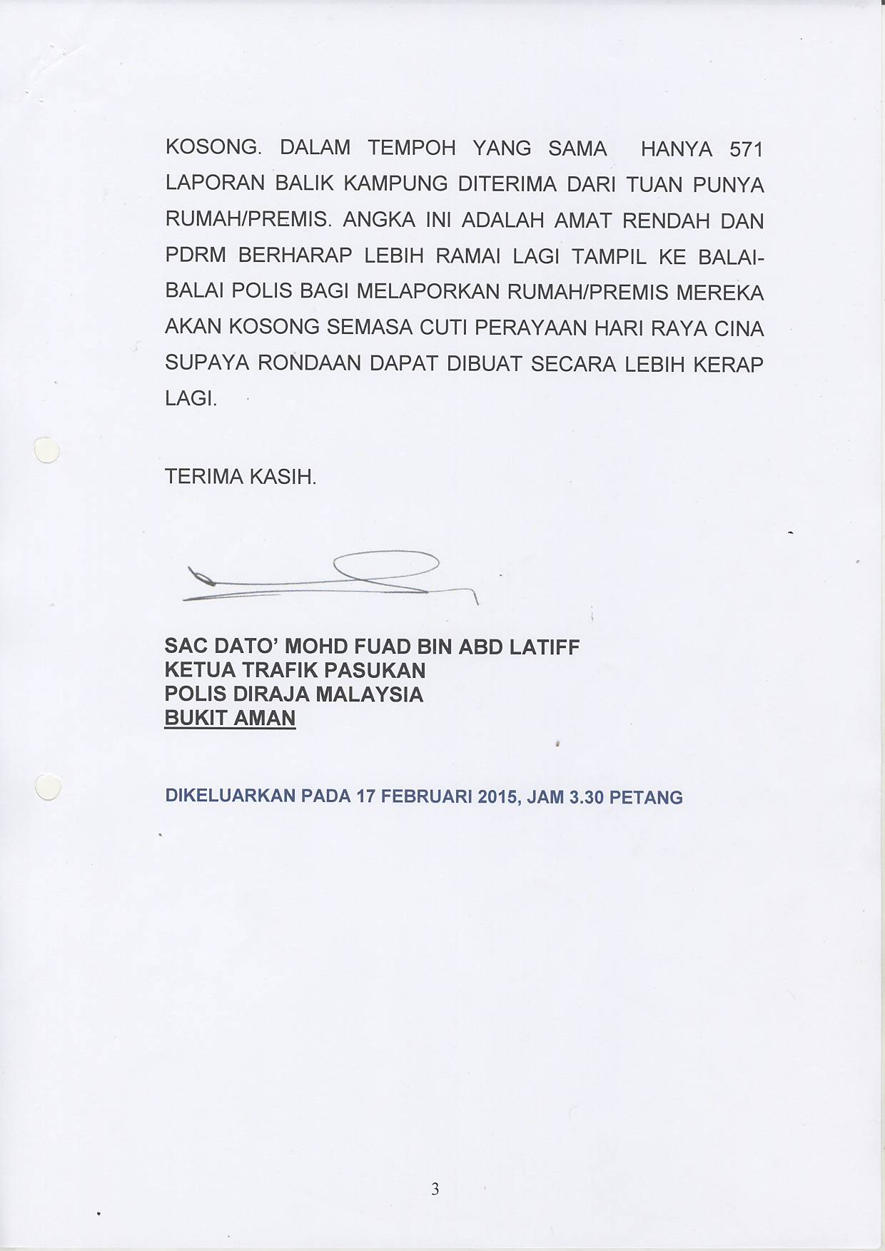 Kenyataan Media Ralat Kenyataan Media Ketua Trafik Pasukan Yang Dikeluarkan Pada 17 Februari 2015