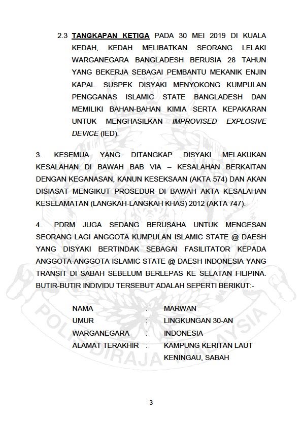 Tangkapan Tiga Individu Yang Disyaki Terlibat Dalam Kumpulan Pengganas Dan Usaha Mengesan Seorang Lagi Suspek