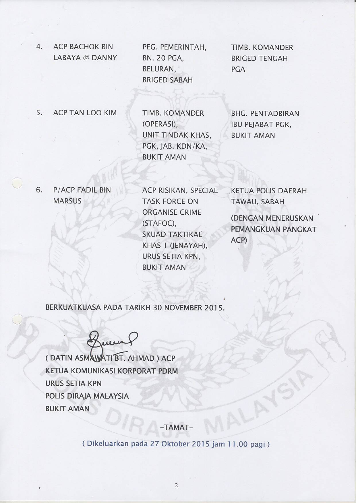 Kenyataan Media Pertukaran Pegawai Kanan 27 Okt 2015