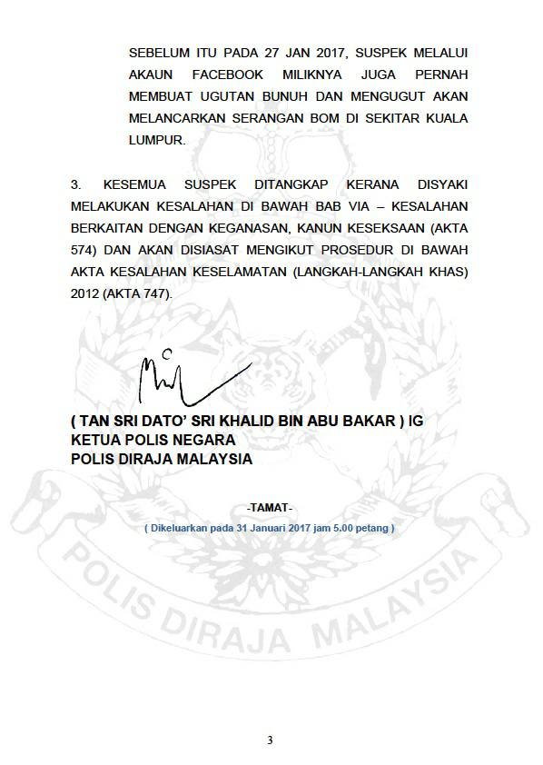 KENYATAAN MEDIA KETUA POLIS NEGARA: