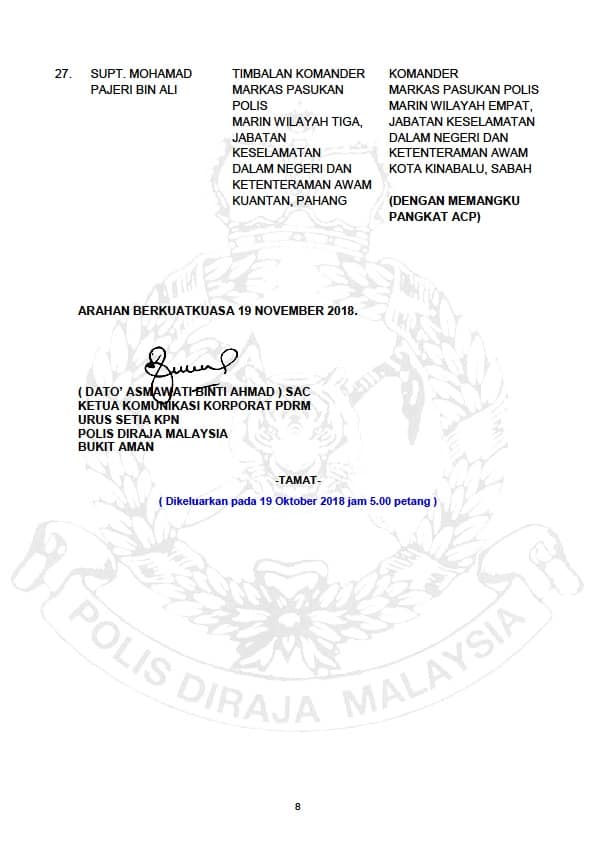 ARAHAN PERTUKARAN PEGAWAI KANAN POLIS DIRAJA MALAYSIA