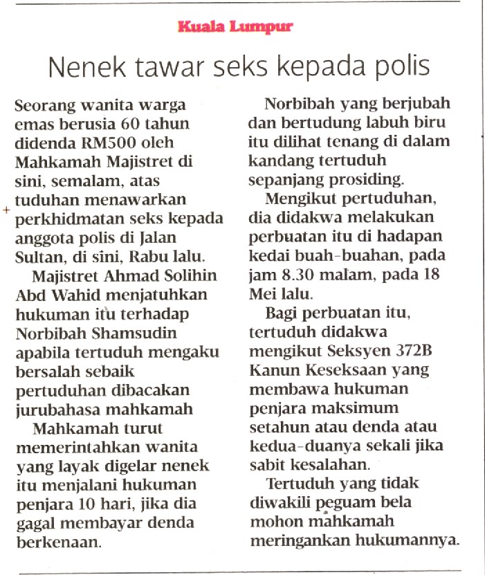 NENEK TAWAR SEKS KEPADA POLIS DIDAKWA Nenek Tawar Seks Kepada Polis Didakwa