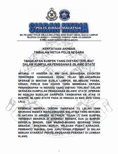 KENYATAAN AKHBAR TIMBALAN KETUA POLIS NEGARA (1) Kenyataan Akhbar Timbalan Ketua Polis Negara Tangkapan Suspek Yang Disyaki Terlibat Dalam Kumpulan Pengganas Islamic State