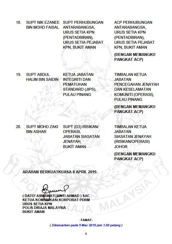 ARAHAN PERTUKARAN PEGAWAI KANAN PDRM