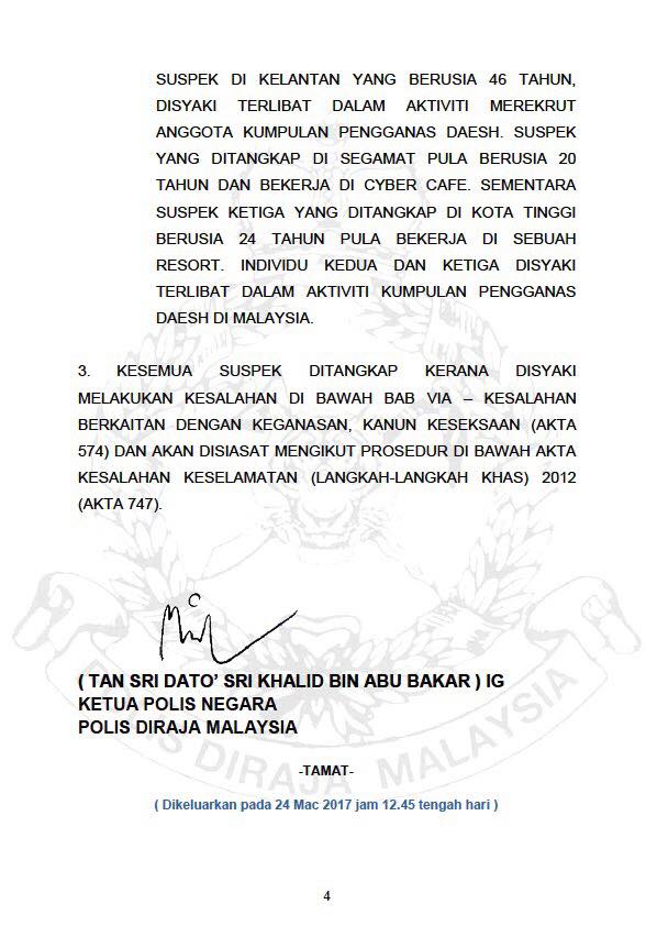 Kenyataan Media Ketua Polis Negara Tangkapan Sembilan 9 Individu Kerana Disyaki Terlibat Dalam Aktiviti Kumpulan Pengganas Daesh