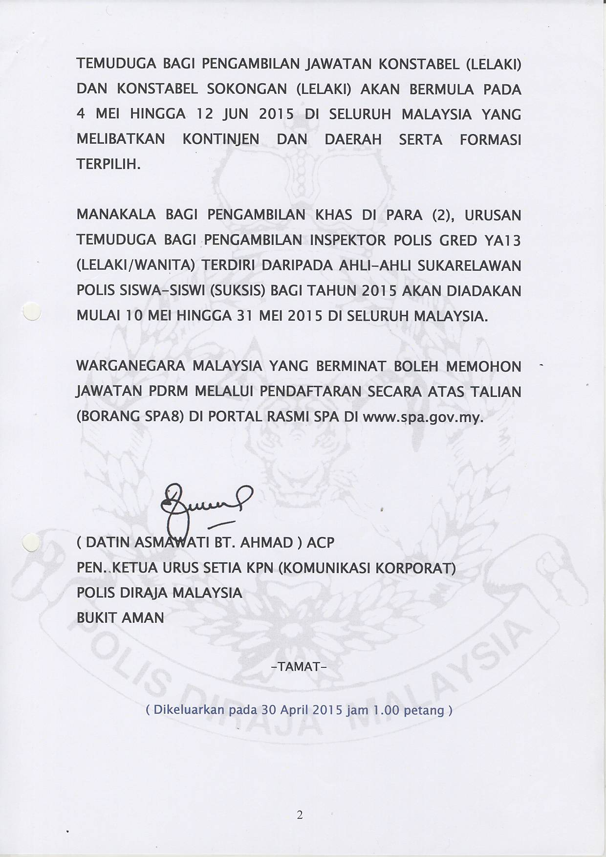 Kenyataan Media Tiada Pengambilan Terbuka Untuk Jawatan Pdrm