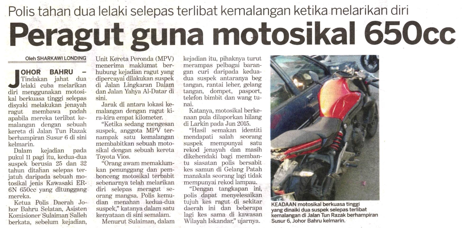 PERAGUT GUNA MOTOSIKAL BERKUASA 650CC AKHIRNYA TUMPAS AKIBAT KEMALANGAN Peragut Guna Motosikal Berkuasa 650cc Akhirnya Tumpas Akibat Kemalangan