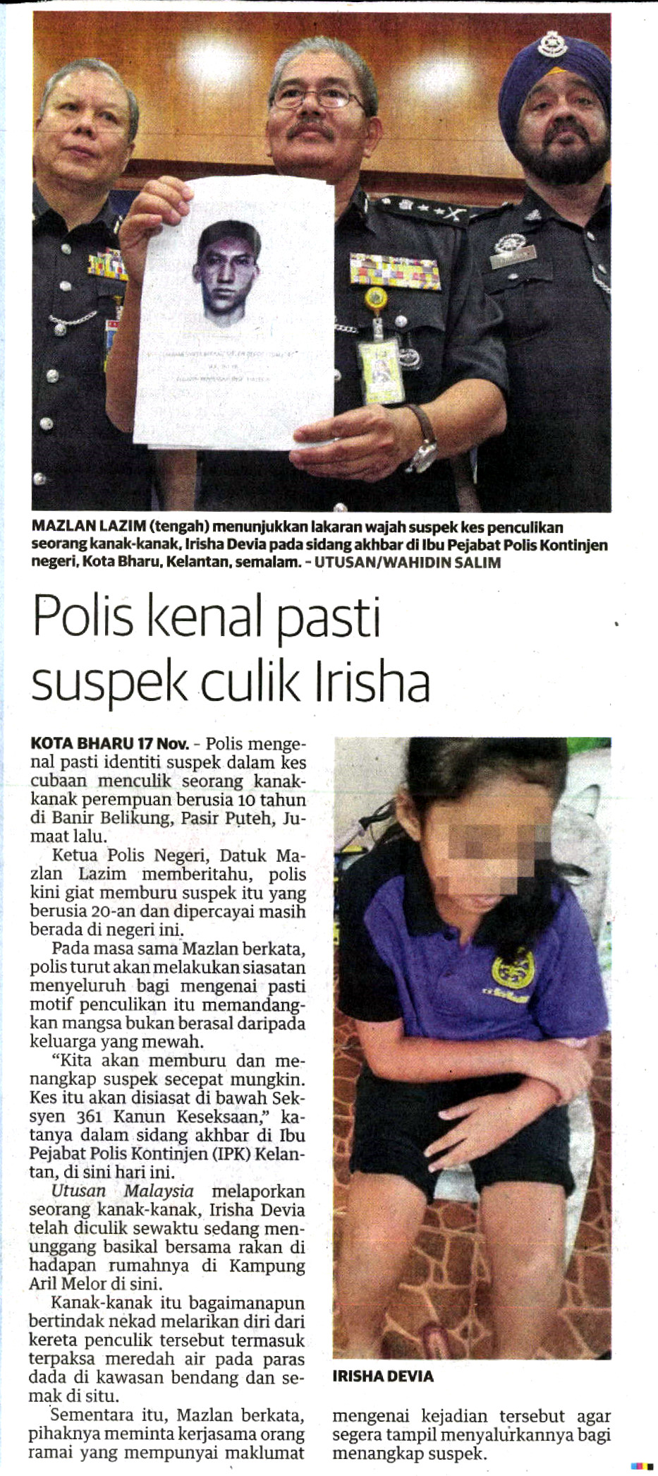 POLIS KENAL PASTI SUSPEK CULIK IRISHA Polis Kenal Pasti Suspek Culik Irisha