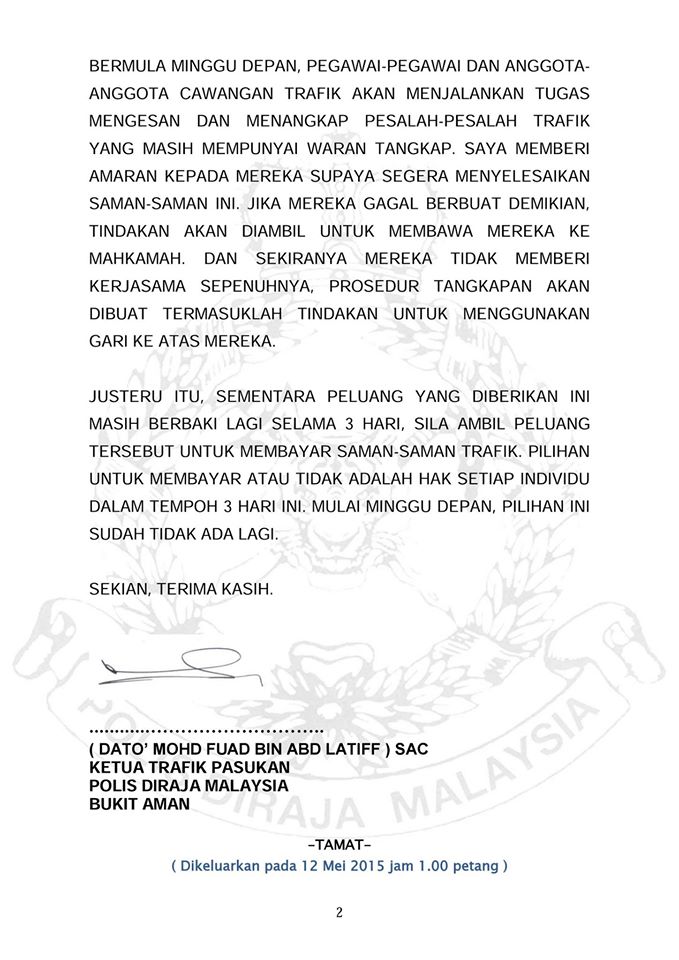Kenyataan Media Ketua Trafik Pasukan Operasi Waran Tangkap Op Warta