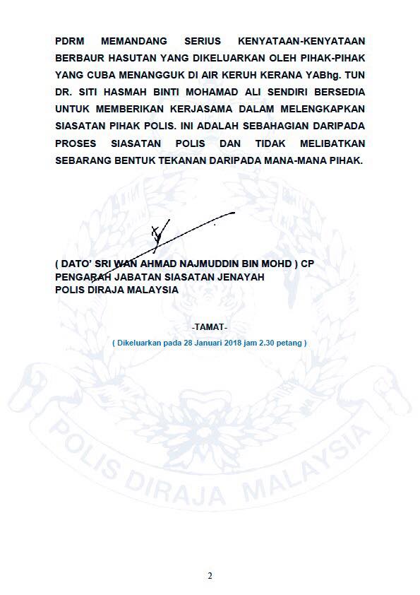 Kerjasama Yabhg Tun Dr Siti Hasmah Dalam Membantu Untuk Melengkapkan Siasatan Polis