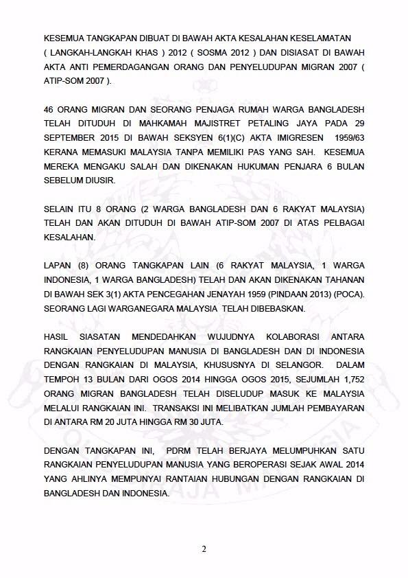 Kenyataan Media Kejayaan Pdrm Melumpuhkan Satu Rangkaian Sindiket Penyeludupan Migran Bangladesh