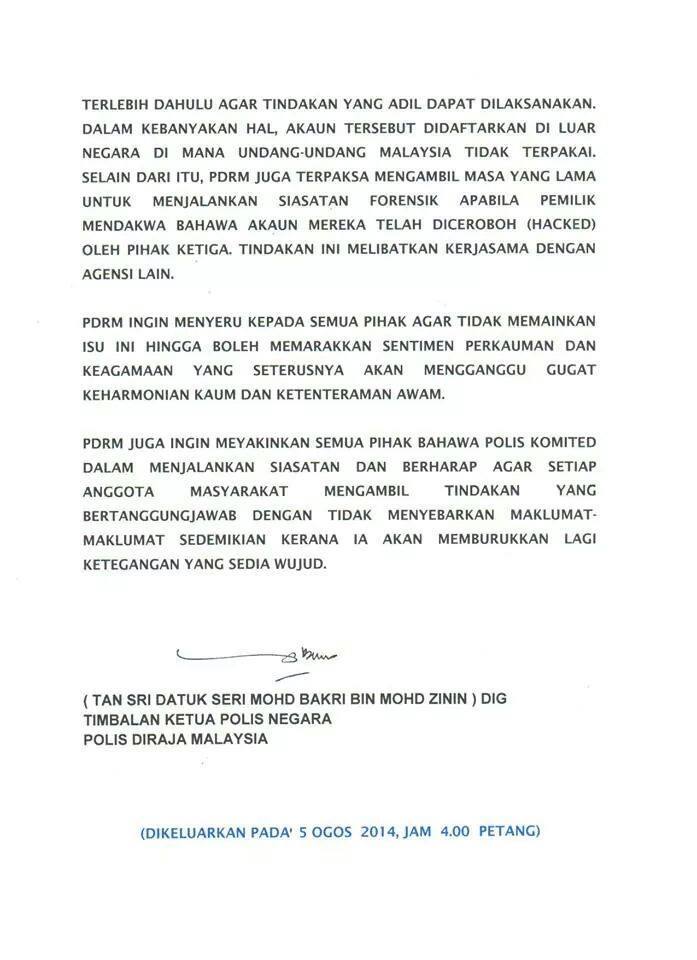 10544749_805796089455003_1911892187_2 TIMBALAN KETUA POLIS NEGARA: Penjelasan Berhubung Status Siasatan Polis Ke Atas Kes-Kes Yang Melibatkan Penghinaan Terhadap Agama Dan Isu Perkauman