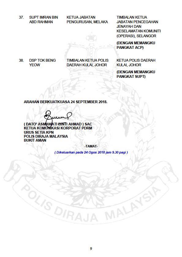 ARAHAN PERTUKARAN PEGAWAI KANAN POLIS DIRAJA MALAYSIA