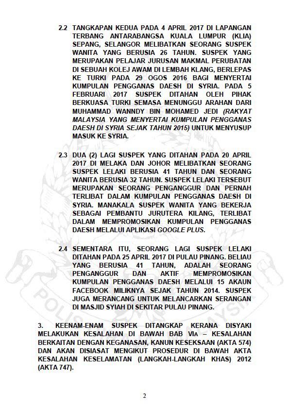 Kenyataan Media Ketua Polis Negara Tangkapan Enam 6 Warganegara Malaysia Yang Disyaki Terlibat Dalam Aktiviti Kumpulan Pengganas Daesh