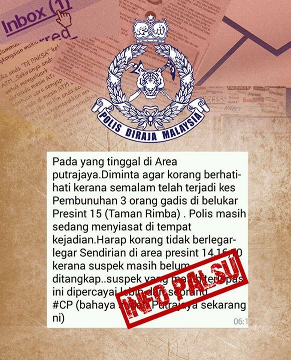 SEBARAN MAKLUMAT TIGA GADIS DIBUNUH DI PUTRAJAYA TIDAK BENAR Sebaran Maklumat Tiga Gadis Dibunuh Di Putrajaya Tidak Benar