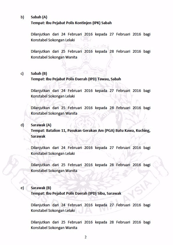 Siaran Media Tambahan Tarikh Dokumentasi Ujian Fizikal Calon Konstabel Wanita Dan Konstabel Sokongan Lelaki Wanita