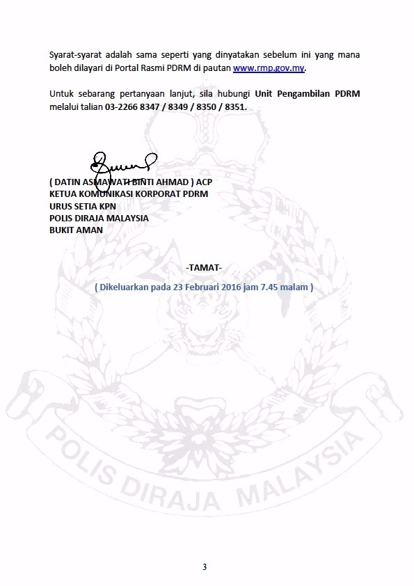 Siaran Media Tambahan Tarikh Dokumentasi Ujian Fizikal Calon Konstabel Wanita Dan Konstabel Sokongan Lelaki Wanita