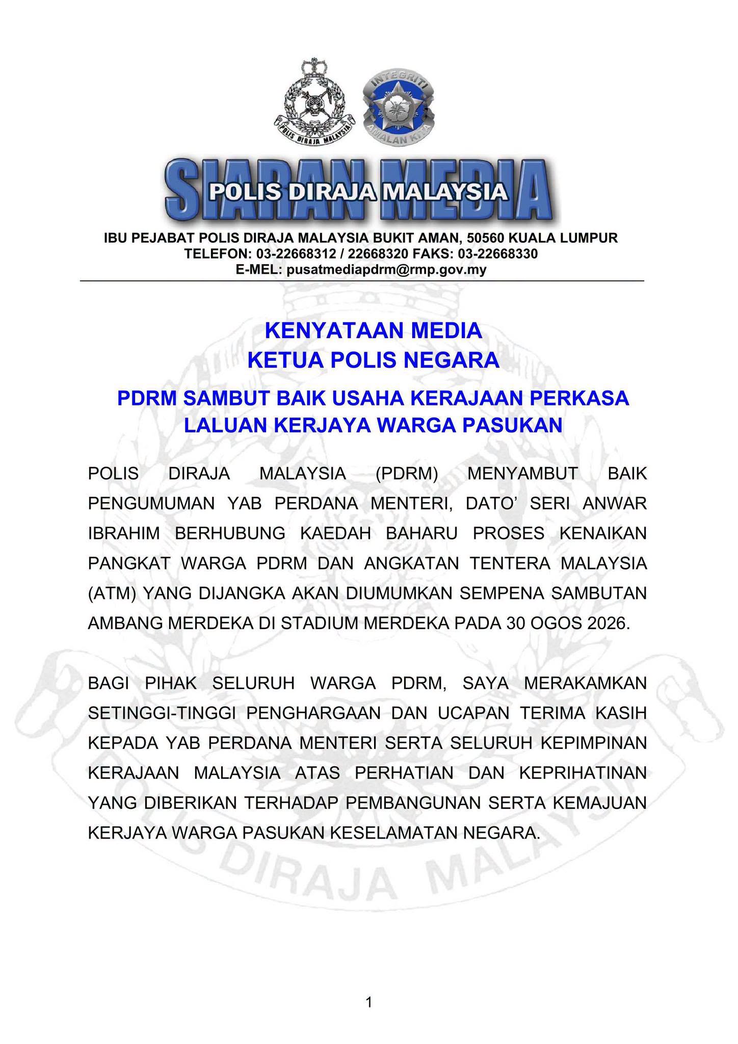 May be an image of text that says 'IBU PEJABAT POLIS 50560 KUALA LUMPUR 03-22668330 pusatmediapdrm@rmp.gov.my KENYATAAN MEDIA KETUA POLIS NEGARA PDRM SAMBU