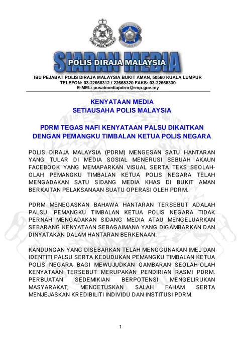 KENYATAAN MEDIA SETIAUSAHA POLIS MALAYSIA