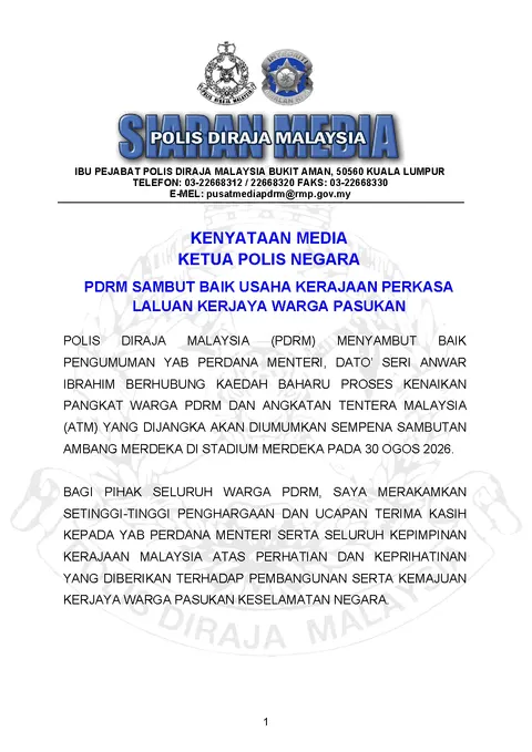 KENYATAAN MEDIA KETUA POLIS NEGARA : PDRM SAMBUT BAIK USAHA KERAJAAN