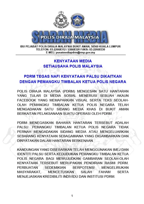 Kenyataan Media Setiausaha Polis Malaysia Pdrm Tegas Nafi Kenyataan Palsu Dikaitkan Dengan Pemangku Timbalan Ketua Polis Negara