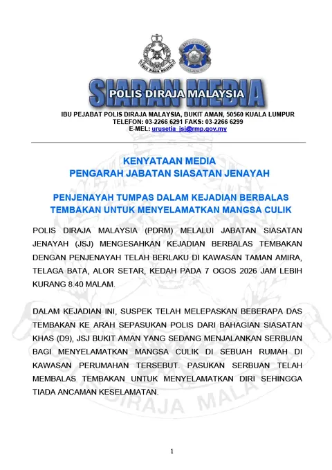 Kenyataan Media Pengarah Jabatan Siasatan Jenayah Penjenayah Tumpas Dalam Kejadian Berbalas Tembakan Untuk Menyelamatkan Mangsa Culik