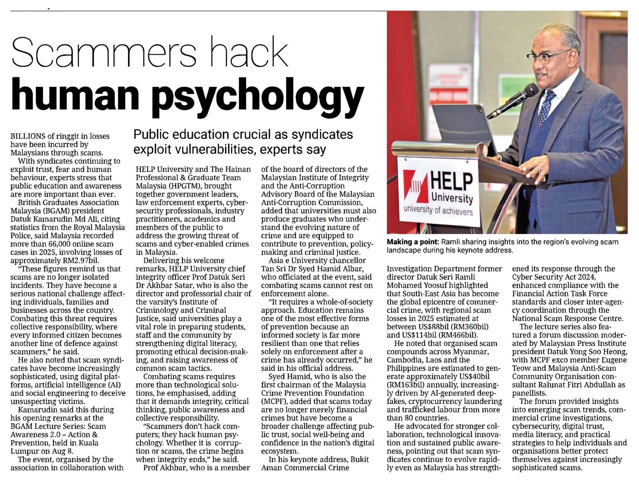 May be an image of text that says 'incurred Scammers hack human psychology Public education crucial as syndicates exploit vulnerabilities, experts HELP Uni