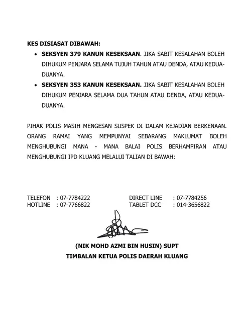Isu Tular Kenyataan Media Timbalan Ketua Polis Daerah Kluang Makluman Kes Viral Kecurian Kabel Sumber Polis Daerah Kluang