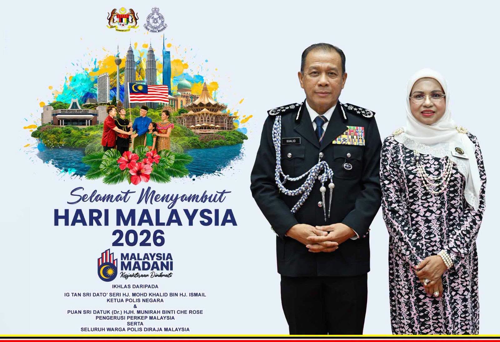 May be an image of dais and text that says 'gace KHALID ម្ា Selamat Menyambut HARI MALAYSIA 2026 MALAYSIA MADANI Keryjahtan ห้คมอบนี