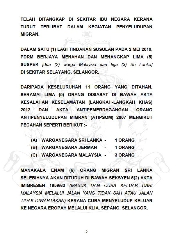 Tangkapan Sindiket Penyeludupan Warganegara Sri Lanka Ke Negara Eropah