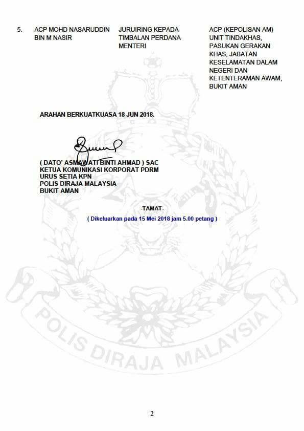 ARAHAN PERTUKARAN PEGAWAI KANAN POLIS DIRAJA MALAYSIA