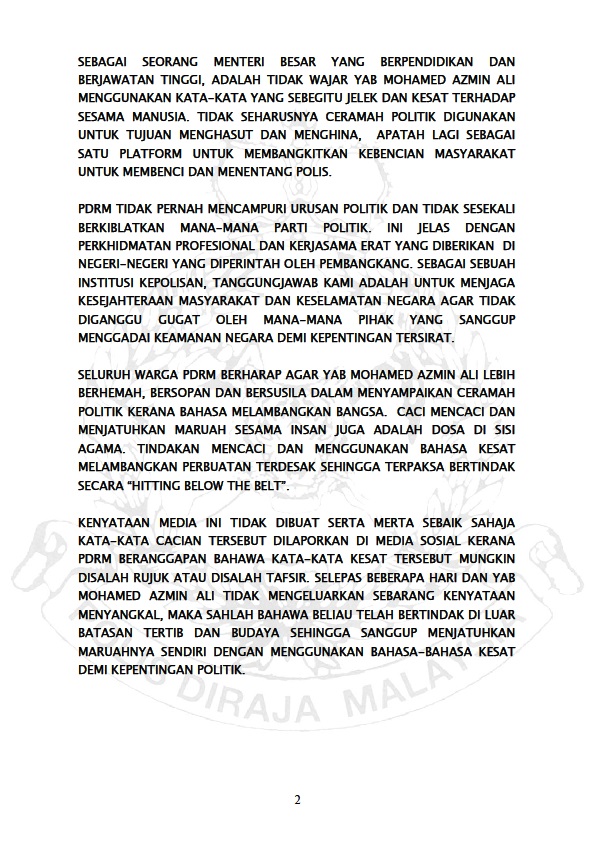 Kenyataan Media Ekoran Kenyataan Biadap Dan Kesat Menteri Besar Selangor Merangkap Timbalan Presiden Pkr Terhadap Ketua Polis Negara
