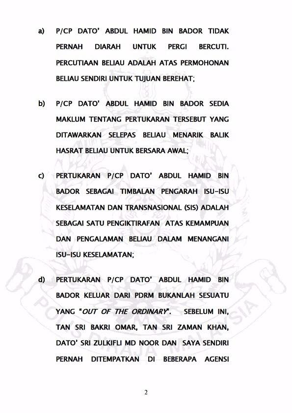 Kenyataan Media Isu Pertukaran P Cp Dato Abdul Hamid Bin Bador Ke Jabatan Perdana Menteri Putrajaya