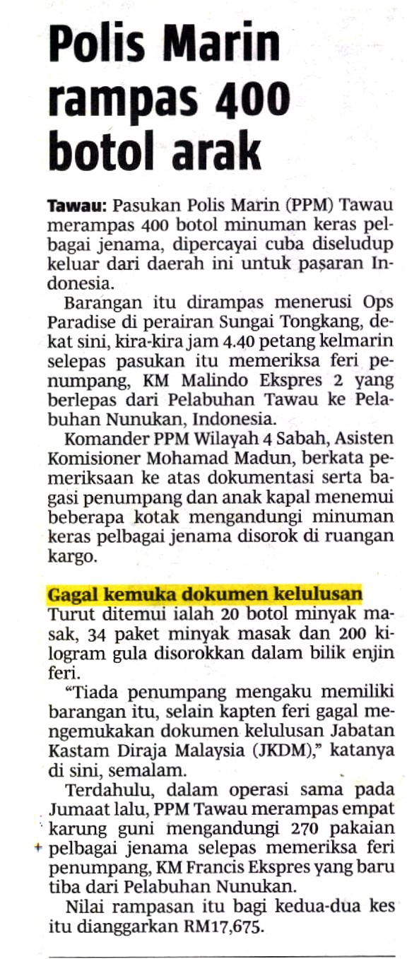 POLIS MARIN RAMPAS 400 BOTOL ARAK Polis Marin Rampas 400 Botol Arak