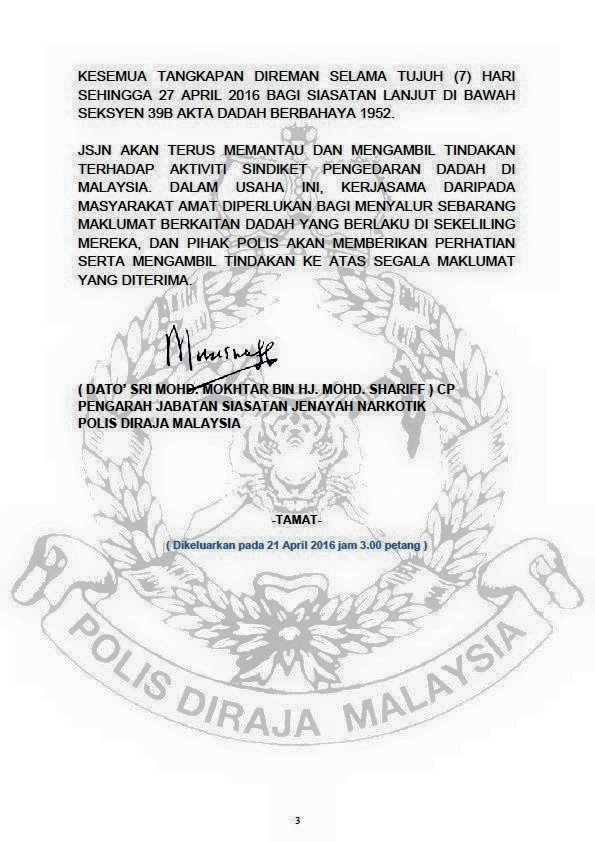 Siaran Media Pengarah Jabatan Siasatan Jenayah Narkotik 21 April 2016