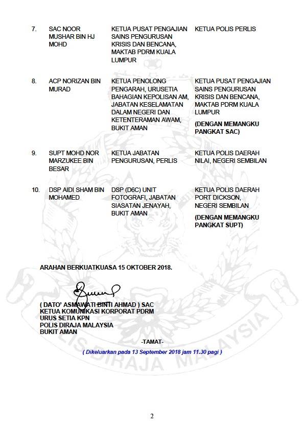 ARAHAN PERTUKARAN PEGAWAI KANAN POLIS DIRAJA MALAYSIA