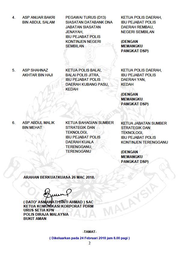 ARAHAN PERTUKARAN PEGAWAI KANAN POLIS DIRAJA MALAYSIA