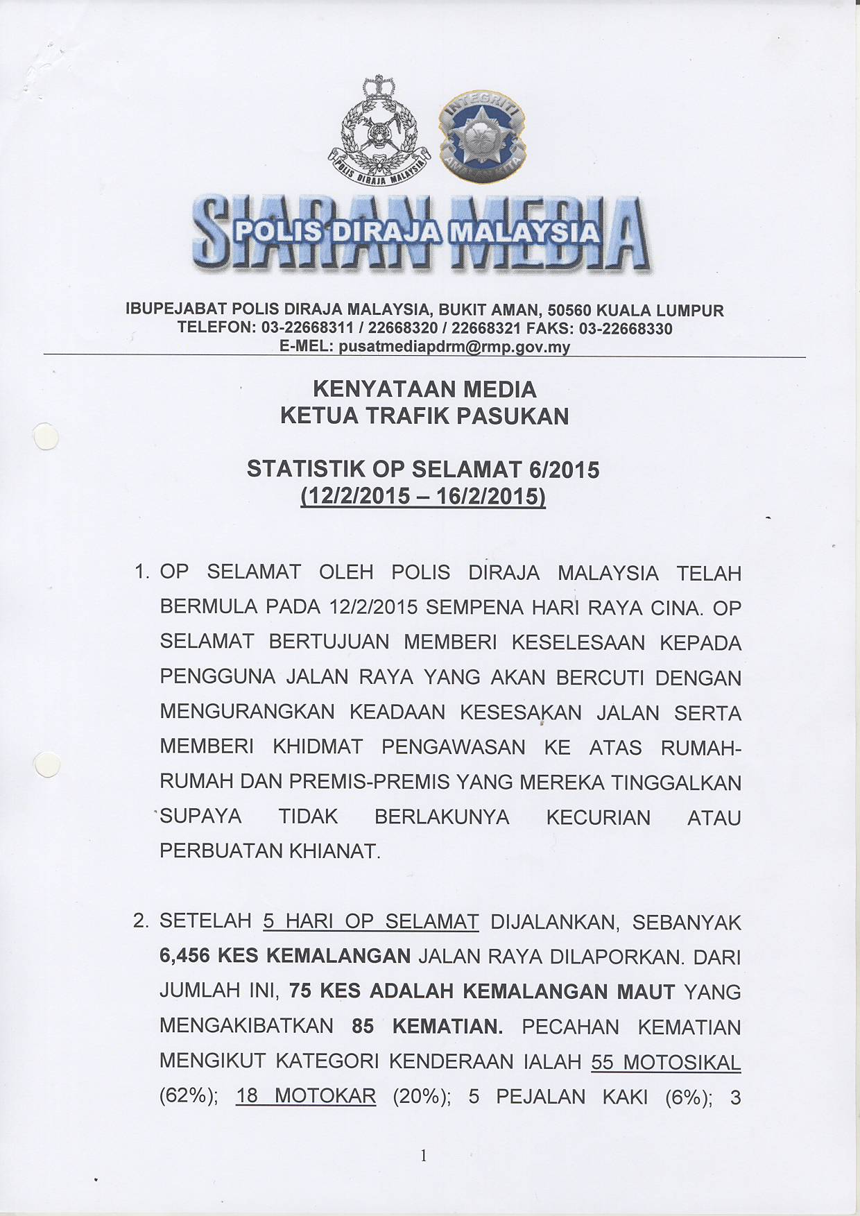 Kenyataan Media Ralat Kenyataan Media Ketua Trafik Pasukan Yang Dikeluarkan Pada 17 Februari 2015