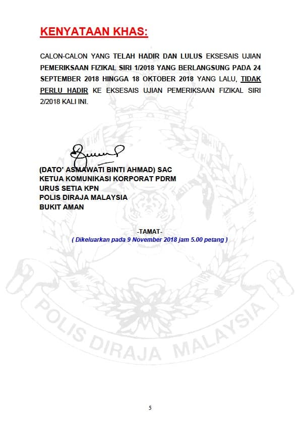 Siaran Media Eksesais Pengambilan Jawatan Kontsabel Siri 2 2018