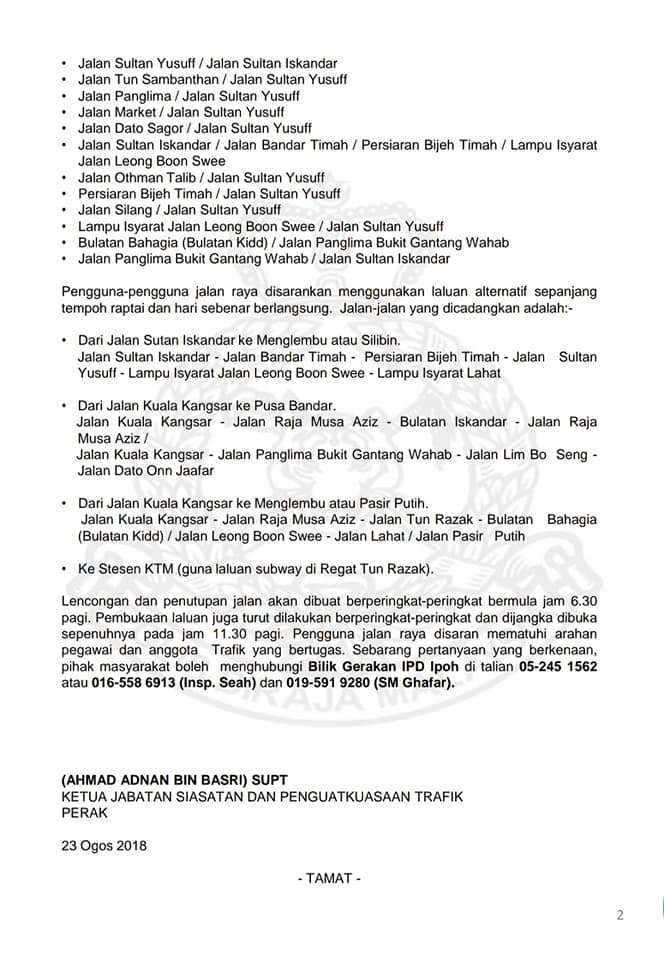 Lencongan Dan Penutupan Jalan Sempena Sambutan Hari Kebangsaan Tahun 2018