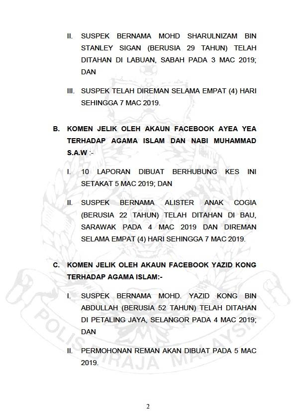 STATUS SIASATAN KES-KES MELIBATKAN PENGHINAAN KE ATAS AGAMA ISLAM DAN NABI MUHAMMAD SAW.