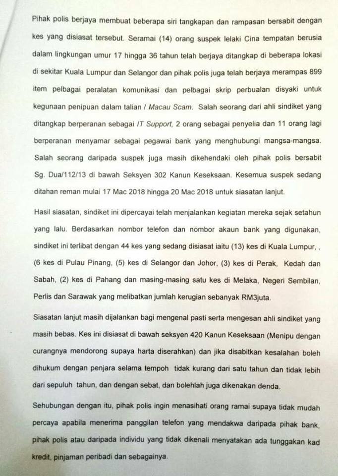 Tangkapan Ahli Sindiket Macau Scam