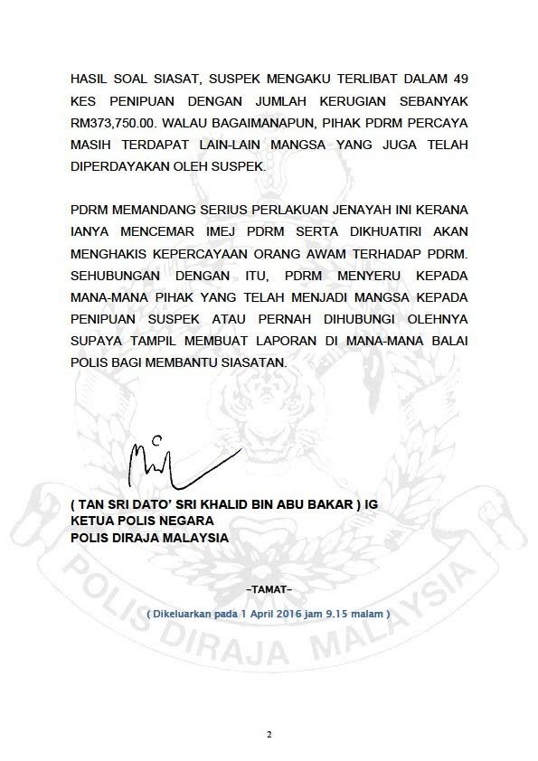 Kenyataan Media Kpn Individu Menyamar Sebagai Pegawai Polis Bagi Tujuan Pemerasan Dan Penipuan