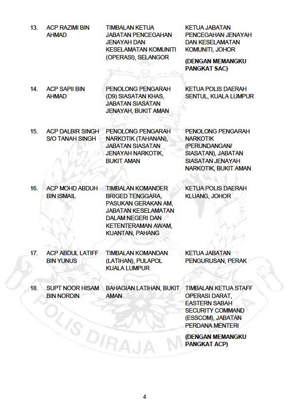 ARAHAN PERTUKARAN PEGAWAI KANAN POLIS DIRAJA MALAYSIA