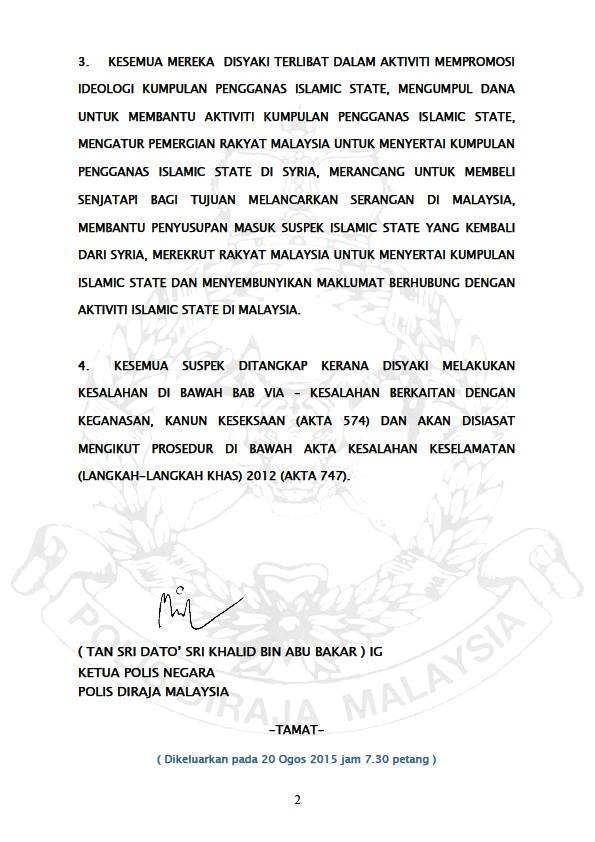 Kenyataan Media Ketua Polis Negara Tangkapan 10 Suspek Yang Terlibat Dalam Aktiviti Kumpulan Pengganas Islamic State