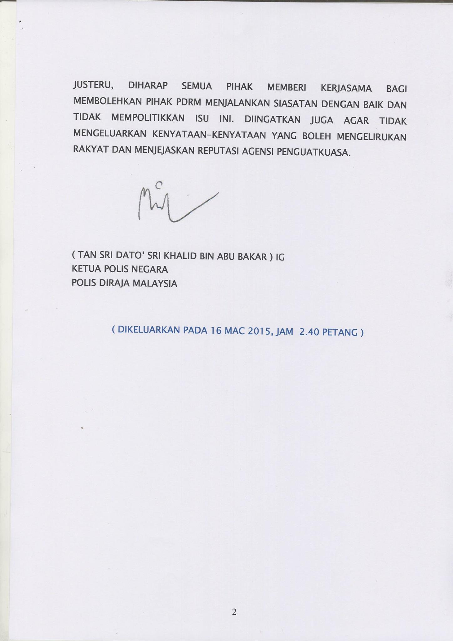 KENYATAAN MEDIA KETUA POLIS NEGARA Kenyataan Media Ketua Polis Negara Status Siasatan Semula Ke Atas Kematian Mendiang Teoh Beng Hock