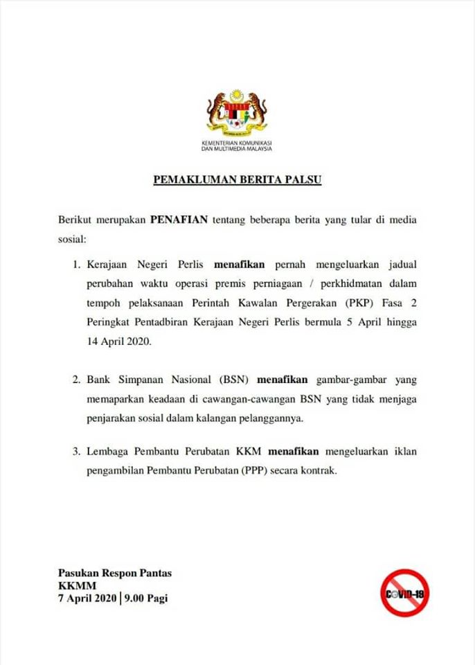 2 #COVID-19 : PENAFIAN BERITA PALSU YANG TULAR DI MEDIA SOSIAL
