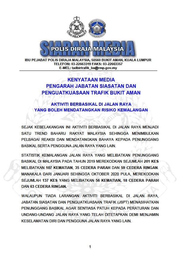1 Kenyataan Media Pengarah Jabatan Siasatan Dan Penguatkuasaan Trafik Bukit Aman