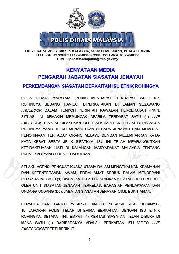KENYATAAN MEDIA PENGARAH JABATAN SIASATAN JENAYAH.