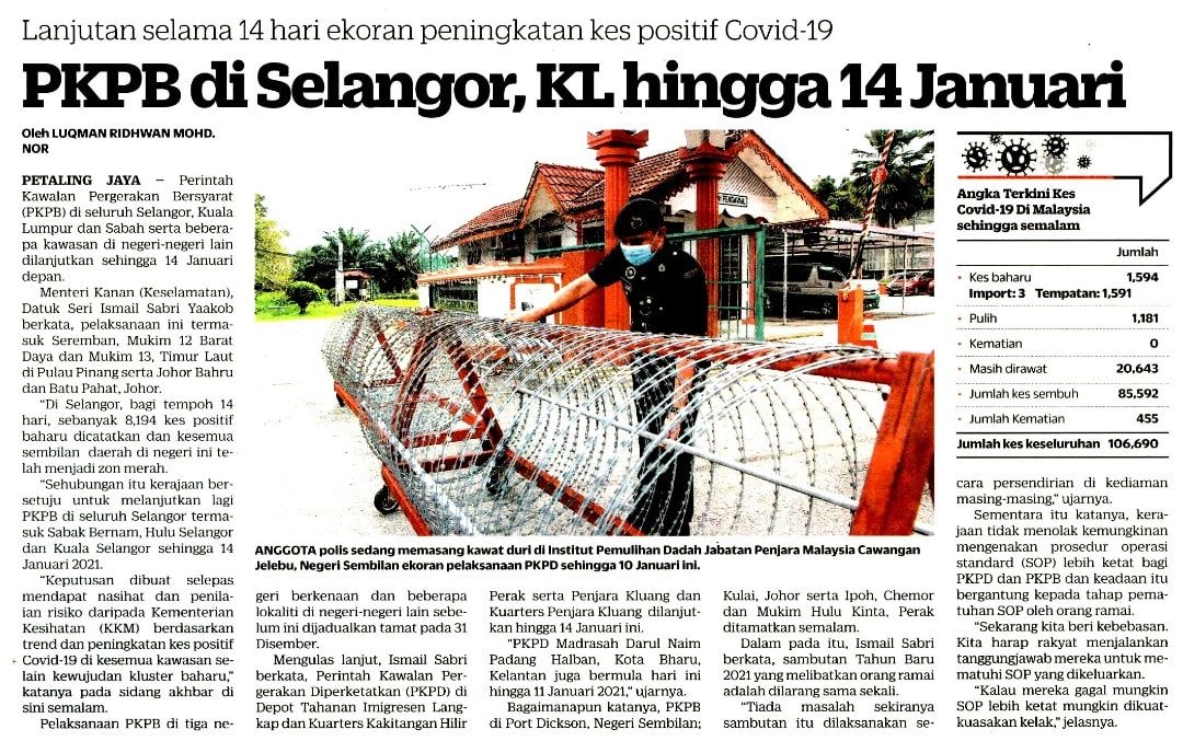 qw Pkpb Covid 19 Keratan Akhbar Pilihan Pkpb Di Selangor Kl Dan Sabah Dilanjutkan Hingga 14 Januari